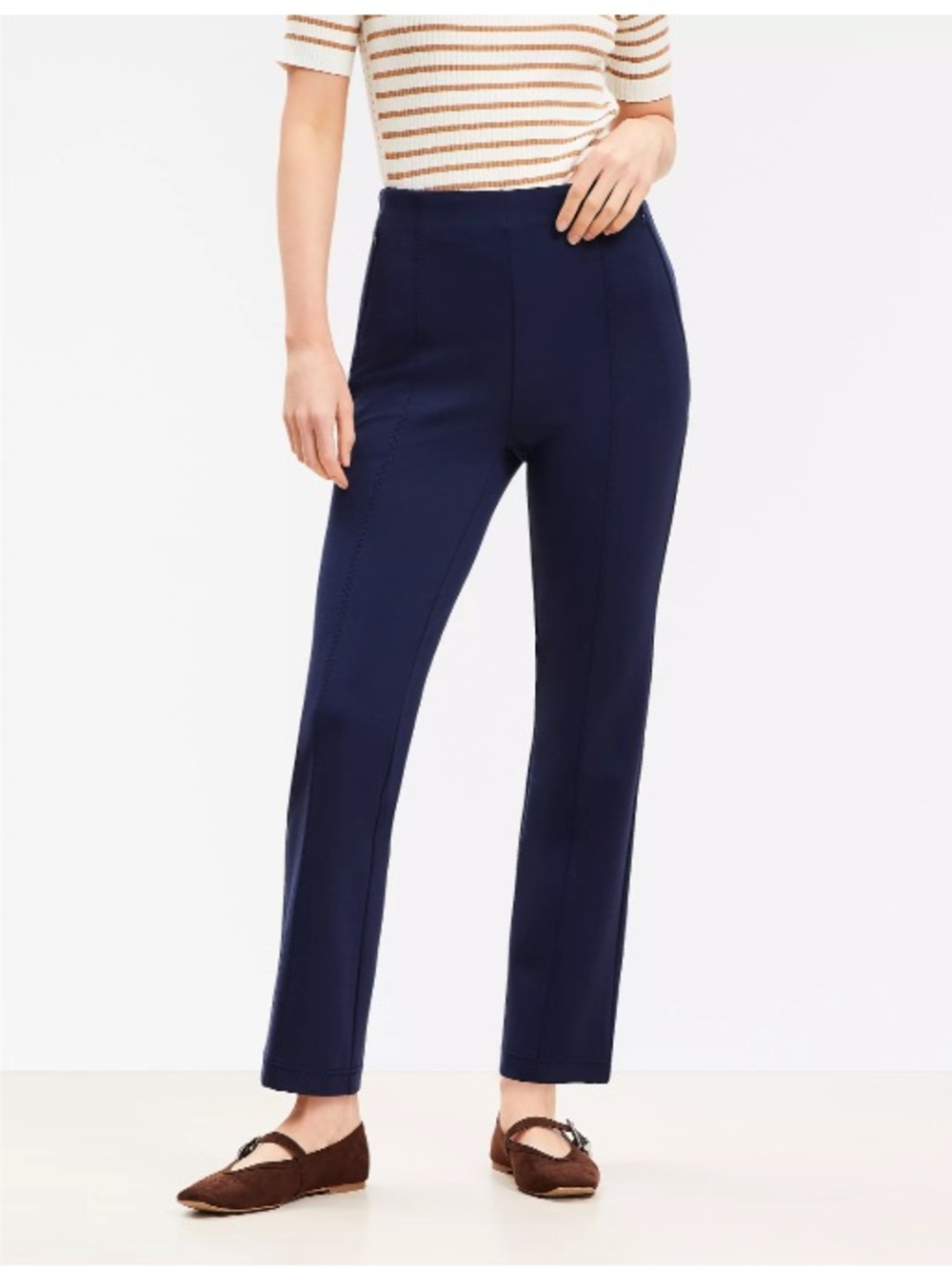 Ann Taylor LOFT Pull-On Ponte Knit Straight Trouser Pant Navy Medium Petite